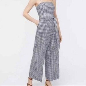 J.Crew Gingham Check Wide Leg Tie Waist Linen Jumpsuit Navy/White Size 4